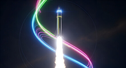 Witness the awe inspiring launch of a modern rocket with vibrant neon trails against the night sky fueling dreams of space exploration and technological innovation