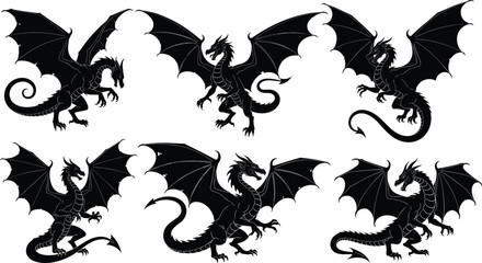 PrintDragon silhouette, flying pose, standing dragon, mythical creature, fantasy design, black and white, vector illustration, winged beast, dynamic posture