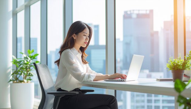 Young Asian Professional Working at Desk with Cityscape View