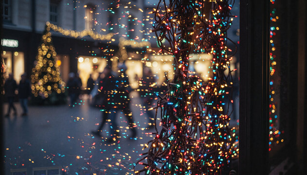 Store window decorated with colorful lights reflecting people and Christmas tree outside - Powered by Adobe