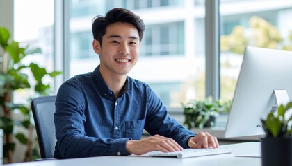 Lifestyle portrait of a successful young Asian professional smiling at his modern desk in a bright, contemporary corporate office scene
