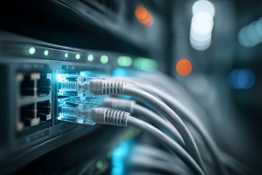 LAN cable plugged into server rack ports inside data center