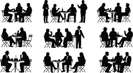 PrintPeople silhouette, sitting pose, table interaction, social gesture, black and white, vector illustration, café scene, casual meeting, public conversation