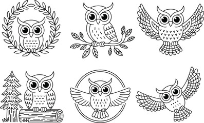 PrintCute owl line art collection featuring various poses, woodland elements, and decorative frames for coloring pages, children’s activities, and creative design projects