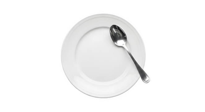 White oval plate with silver spoon isolated on transparent background for design - Powered by Adobe