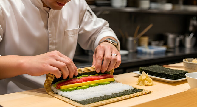 Master sushi chef expertly crafting a colorful roll with fresh tuna, avocado, and egg on a bamboo mat, perfect for culinary content and restaurant menus