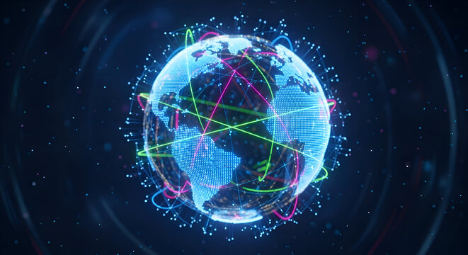 Stunning global network visualization symbolizing worldwide connectivity, data flow, and modern technology solutions for international business success