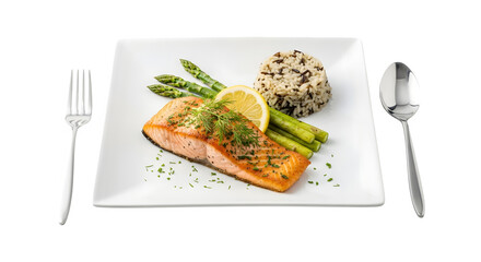 Grilled salmon with asparagus and wild rice isolated on transparent background