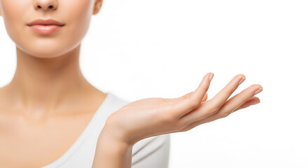 Close-up of a beautiful woman's delicate hand in an open gesture, palm up, ready to present, hold, or display a product or concept against a clean, bright white background, symbolizing care and beauty