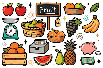 Fruits and vegetables doodle set in a simple vector illustration flat color