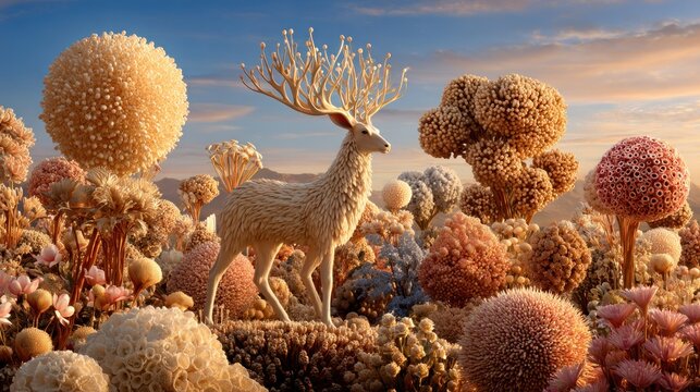 Fantasy deer in whimsical landscape with surreal flora golden sunlight