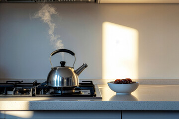 Boiling kettle in kitchen with morning light