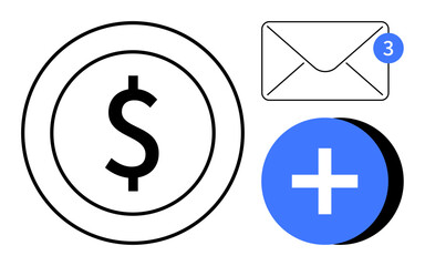 Email notifications. Email icon with alert, dollar symbol, and add button email notifications for financial updates. Relevant for apps, money, messaging systems, and alerts. finance messaging