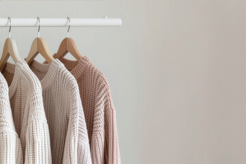 Neutral knitwear on clothes hangers
