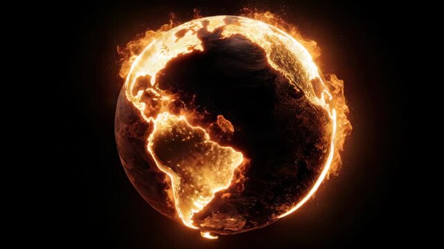 Fiery Planet Earth Ablaze with Intense Orange Flames and Glowing City Lights Against a Dark Void