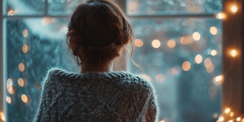Woman in fuzzy sweater gazes at frosty window framed by warm fairy lights bokeh. Quiet winter reflection, cozy holiday anticipation vibe.
