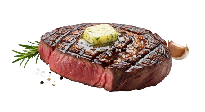Delicious filet mignon steak with butter and rosemary isolated on transparent background