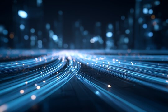 LAN cable connected to port with visible data streams (blue glowing lines), futuristic cyber environment