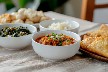 Main dish with side dishes on dining table