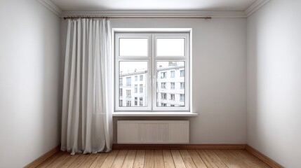Fototapeta premium Empty room interior features white walls, light wooden flooring, and a central window with sheer curtain
