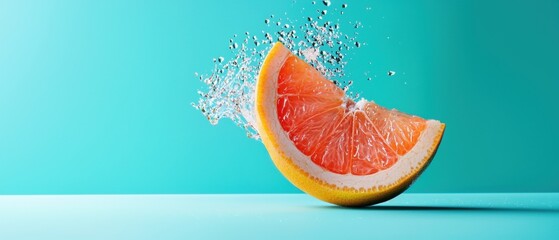 Slice of grapefruit on a turquoise background. the grapefruit is cut in half, revealing its juicy pink flesh and white flesh.