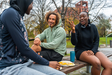 Diverse friends talking and laughing in park