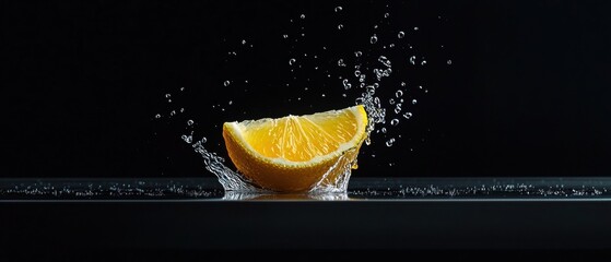 Close-up of a slice of orange falling into the water. the orange is in the center of the image, with the slice on the right side and the water droplets on the left side.