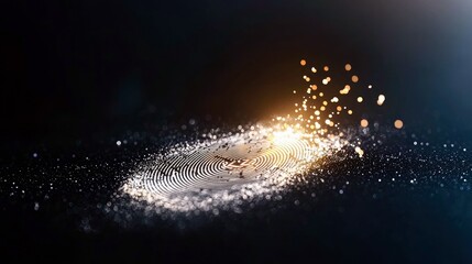 A close-up, abstract view of a digital fingerprint illuminated by glowing particles and light streaks against a dark, blurred background.