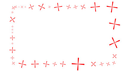 A decorative rectangular frame made from an irregular pattern of red x marks and plus signs, creating a playful border on a clean