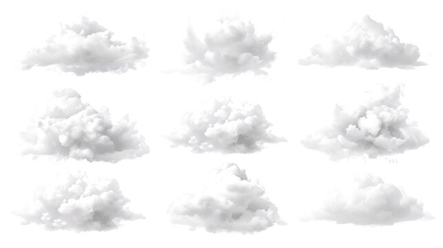 nine fluffy clouds against a bright sky, perfect for various design purposes