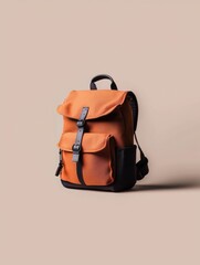 Small orange backpack with black straps and buckles. the backpack is made of a durable fabric material and has a rectangular shape with rounded edges. it has a top handle and a zipper closure.
