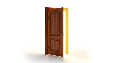 Slightly open wooden door with yellow frame on a white background