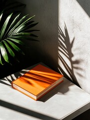 Orange book lying on a white marble surface. the book appears to be a hardcover with a glossy finish. the cover is slightly tilted to the left, and the spine of the book is visible.