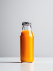 Photograph of a glass bottle with a black cap. the bottle is filled with an orange-colored liquid, which appears to be a smoothie or juice.