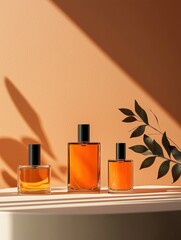 Three perfume bottles of different sizes and shapes arranged on a white surface. the bottles are made of glass and have a black cap.