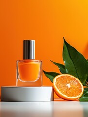 Small glass perfume bottle with a silver cap on a white pedestal. the bottle is filled with an orange-colored liquid, which appears to be a perfume.