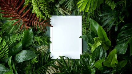 Naklejka premium an empty white picture frame surrounded by various green tropical leaves, symbolizing nature and freshness
