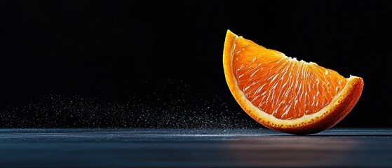 Close-up of an orange slice that is falling into the water. the orange is bright orange in color and appears to be freshly cut. the slice is placed on a dark blue surface with a black background.
