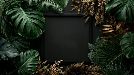 a lush botanical frame, perfect for showcasing your content. It features a dark backdrop, and a stylish visual, with green leaves