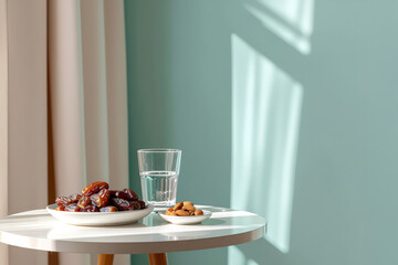 Dates almonds and water on table with sunlight