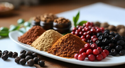 Various spices and berries arranged on a white plate displaying different colors and textures