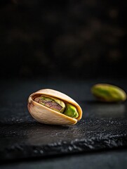 Close-up of a pistachio nut on a black surface. the nut is in the center of the image, with its shell facing towards the left side of the frame.