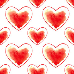 Watercolor red hearts, seamless pattern on a white background. Valentine's cards, hand-drawn illustration.