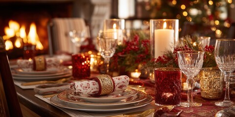 Christmas dinner table setting in red and gold tones with candles, fireplace in background, elegant festive atmosphere.