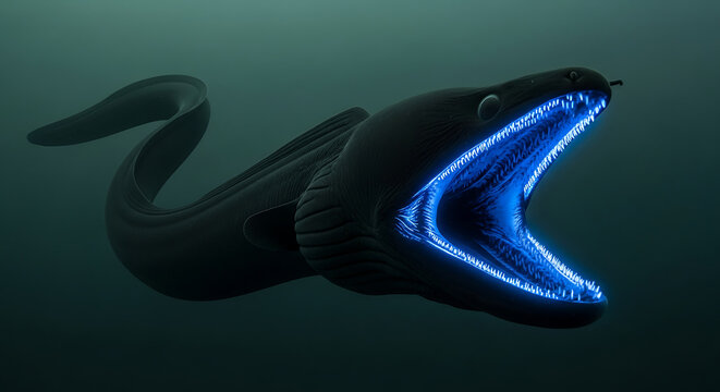 Deep sea predator with bioluminescent glow in its mouth an intimidating underwater image
