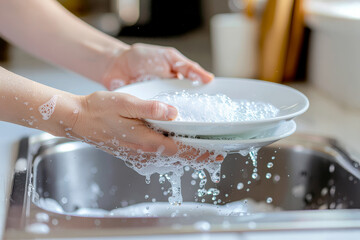 Hands washing dishes with soap suds in kitchen