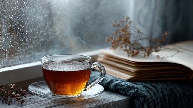 A cup of tea and a book on the window overlooking a snowy forest	
