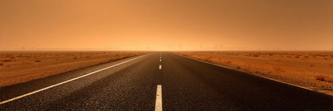 Desert Highway Stretches Towards Horizon Under a Dusty Sky at Sunset, Showcasing the Beauty of Open Landscapes and Solitude - Powered by Adobe