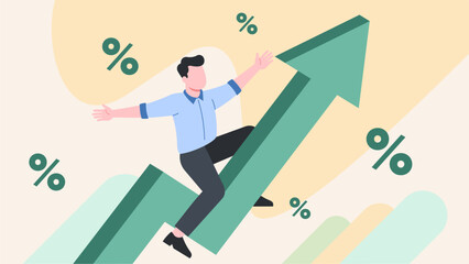 Obraz premium Customer Riding Upward Arrow for Big Promotion – Modern Flat Illustration