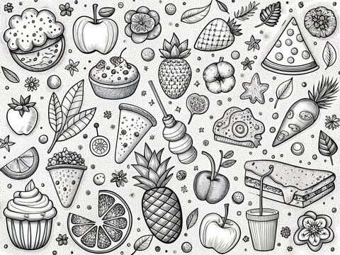 Hand drawn food and plant doodle collection
